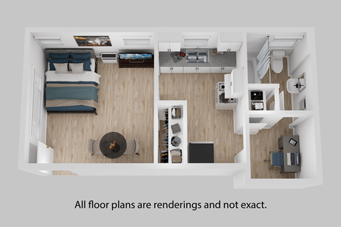 A top down view of a room with a bed, a couch, a table, and a TV.